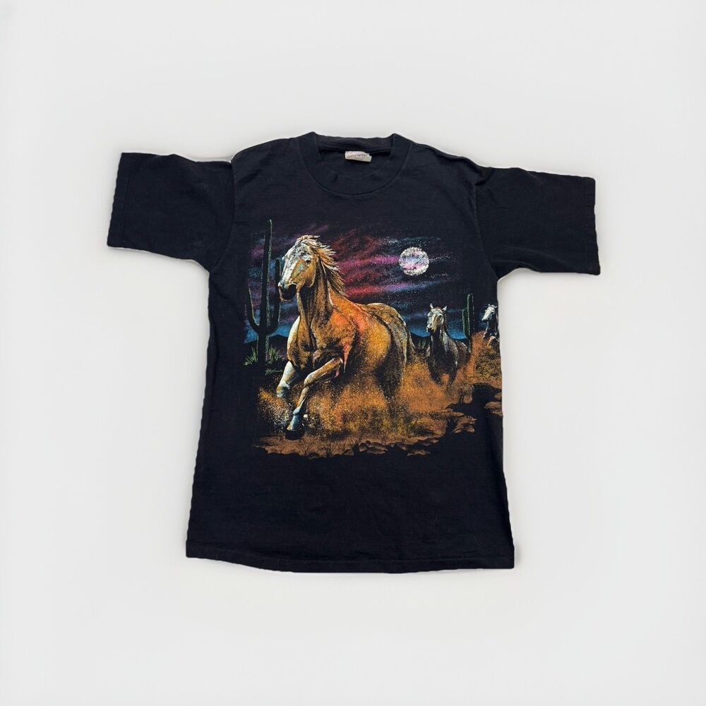 Hazelwood Vintage Black Wild Horse Graphic Wraparound Tee Size M Single Stitch